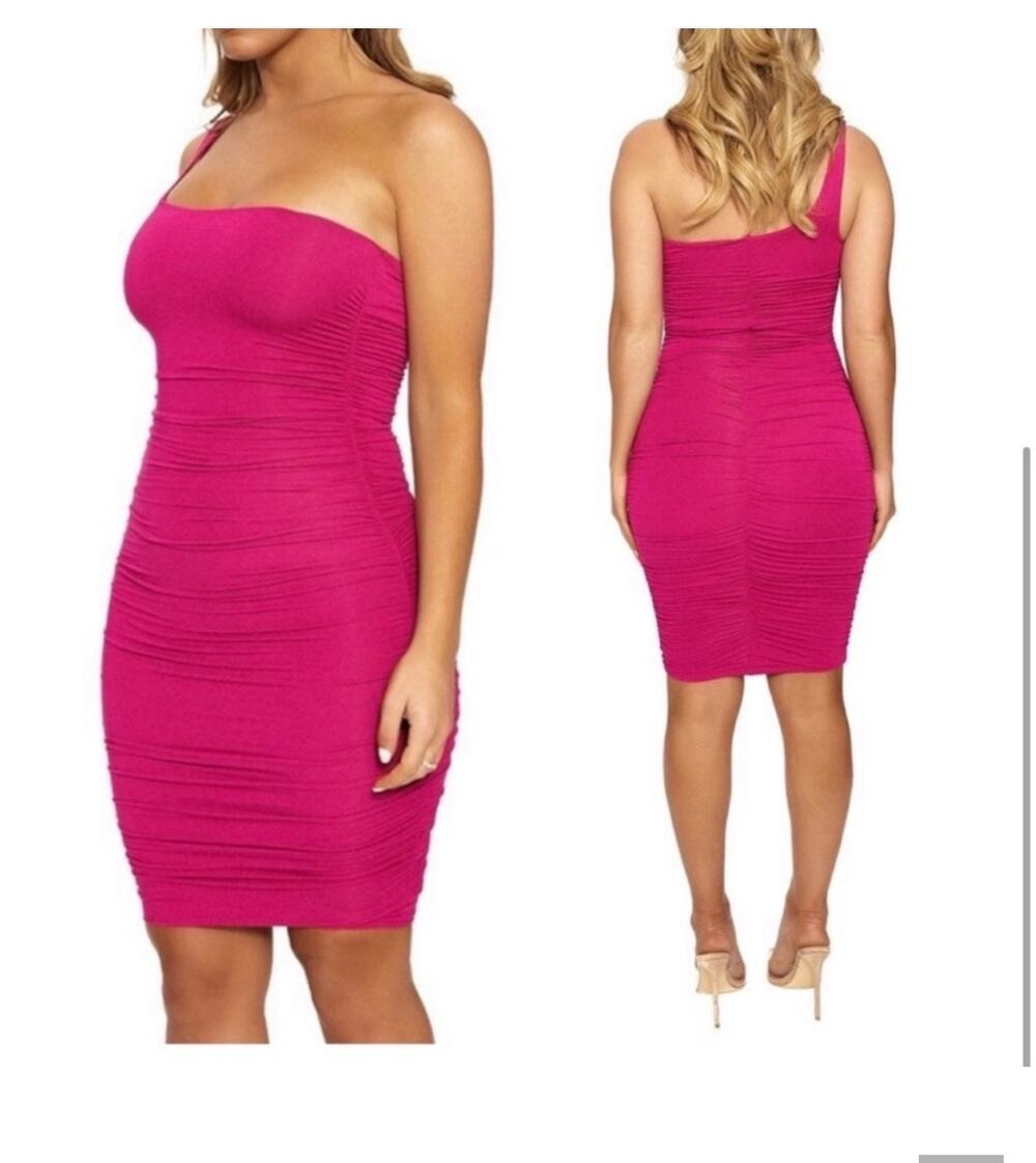 Naked Wardrobe Hot Pink Ruched One Shoulder Mini Dress S NWT